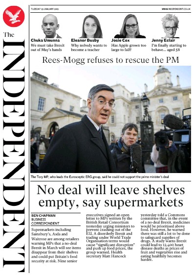 The Independent Newspaper Front Page for 29 January 2019