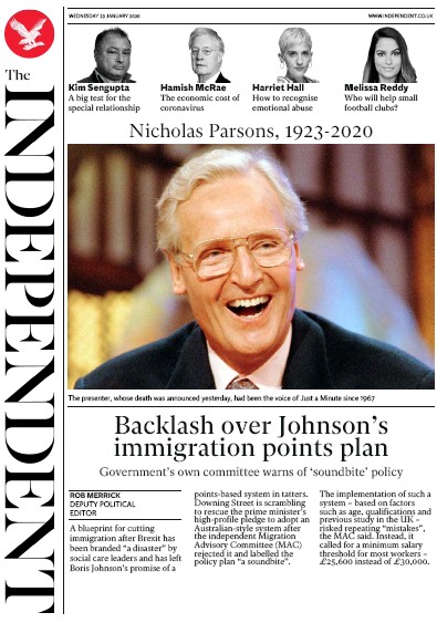 The Independent Newspaper Front Page for 29 January 2020