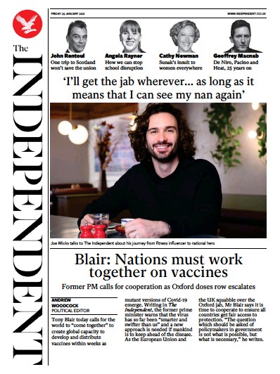 The Independent Newspaper Front Page for 29 January 2021