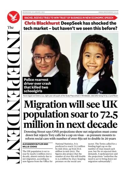 The Independent (UK) Newspaper Front Page for 29 January 2025