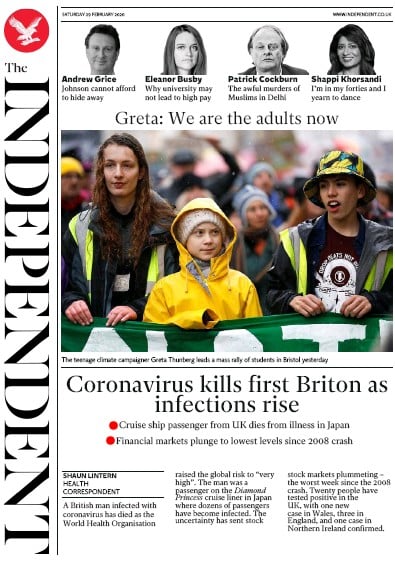 The Independent Newspaper Front Page for 29 February 2020
