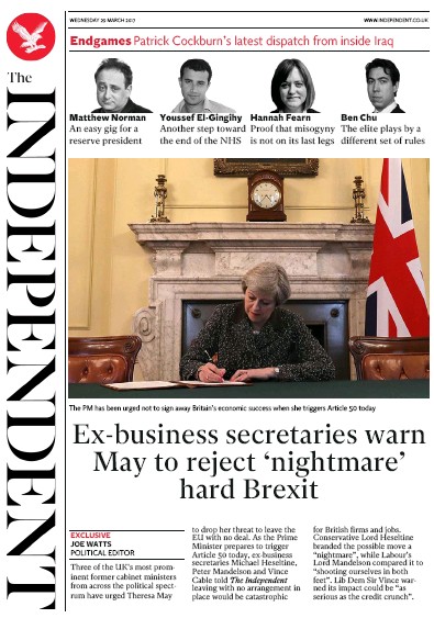 The Independent Newspaper Front Page for 29 March 2017