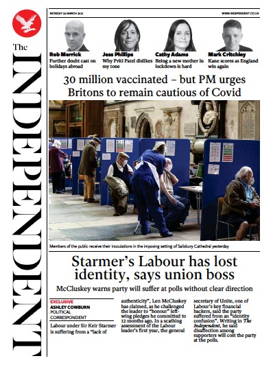The Independent (UK) Newspaper Front Page for 29 March 2021