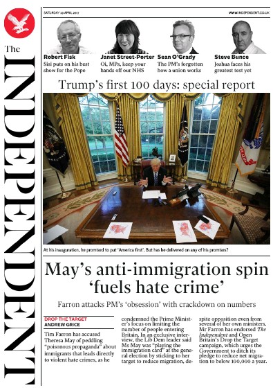 The Independent (UK) Newspaper Front Page for 29 April 2017