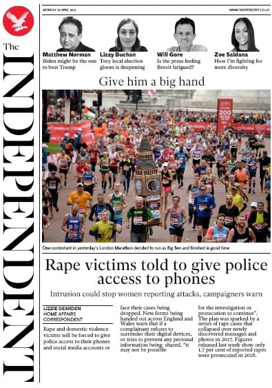 The Independent Newspaper Front Page for 29 April 2019