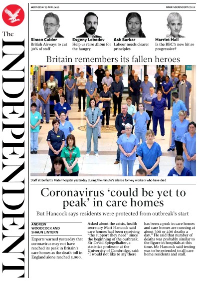 The Independent Newspaper Front Page for 29 April 2020