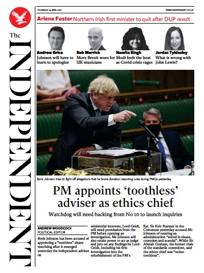 The Independent (UK) Newspaper Front Page for 29 April 2021