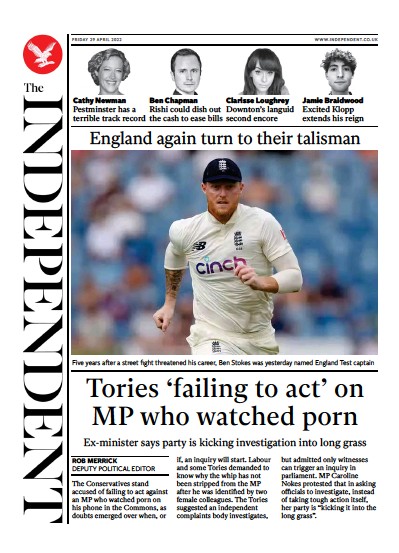 The Independent Newspaper Front Page for 29 April 2022
