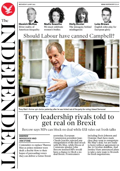 The Independent Newspaper Front Page for 29 May 2019