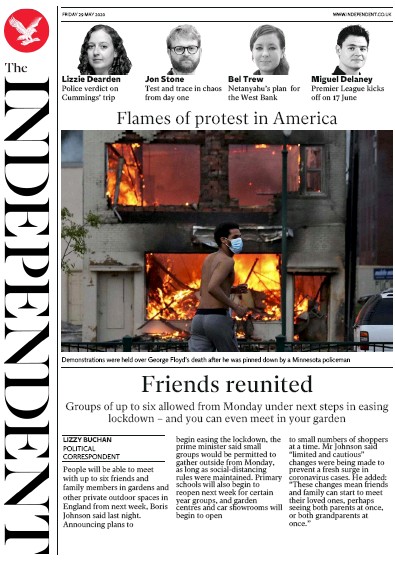 The Independent Newspaper Front Page for 29 May 2020