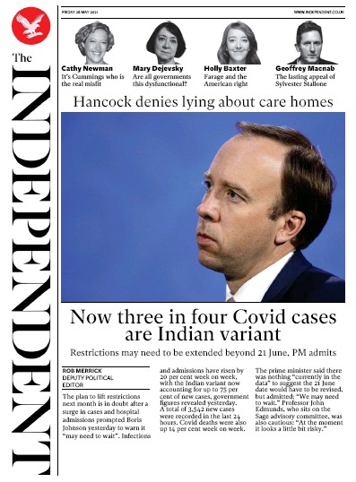 The Independent (UK) Newspaper Front Page for 29 May 2021