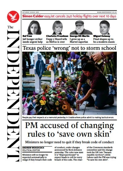 The Independent (UK) Newspaper Front Page for 29 May 2022