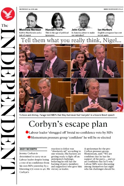 The Independent Newspaper Front Page for 29 June 2016