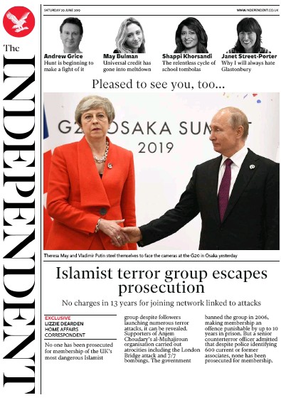 The Independent (UK) Newspaper Front Page for 29 June 2019