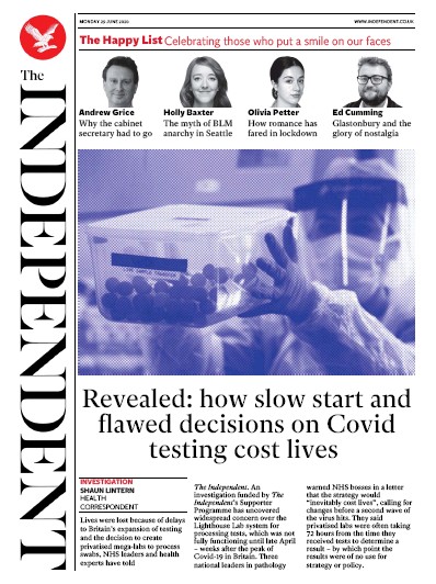The Independent Newspaper Front Page for 29 June 2020