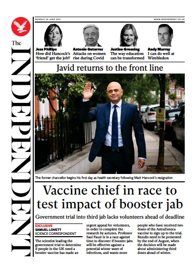 The Independent (UK) Newspaper Front Page for 29 June 2021