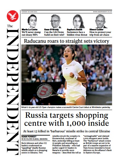 The Independent (UK) Newspaper Front Page for 29 June 2022