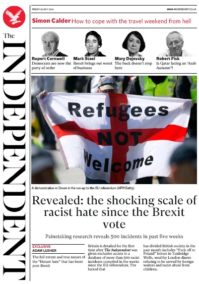 The Independent Newspaper Front Page for 29 July 2016