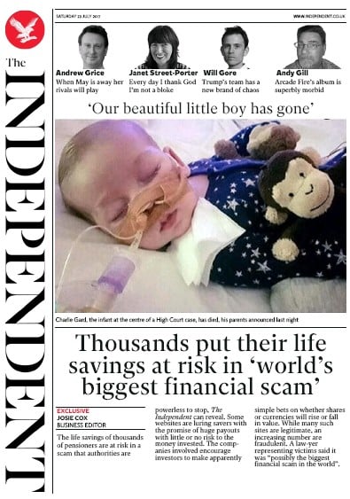 The Independent Newspaper Front Page for 29 July 2017