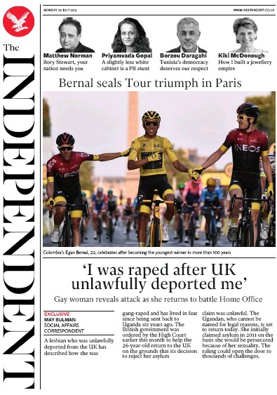 The Independent Newspaper Front Page for 29 July 2019