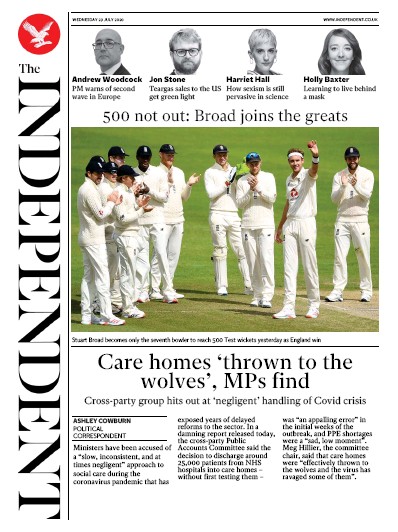 The Independent Newspaper Front Page for 29 July 2020