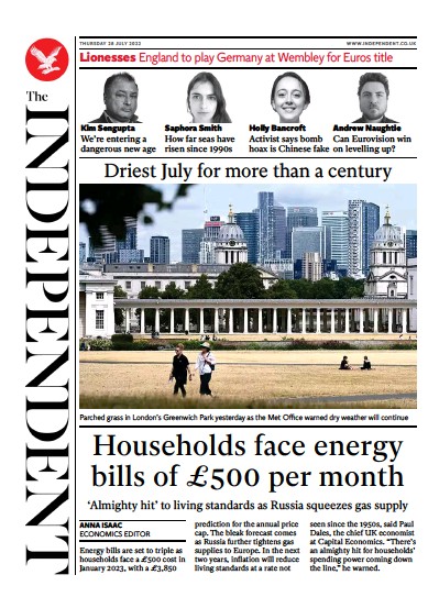 The Independent Newspaper Front Page for 29 July 2022
