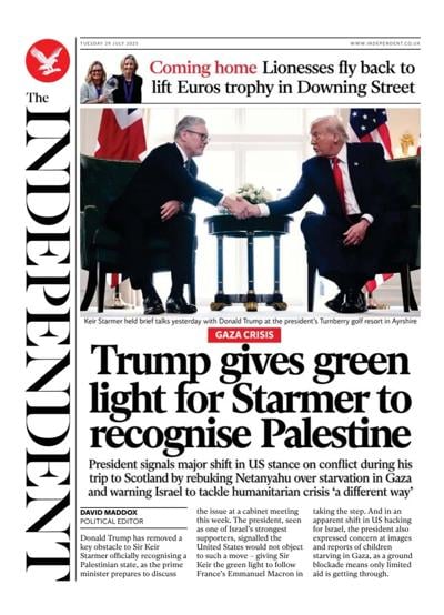 The Independent (UK) Newspaper Front Page for 29 July 2025