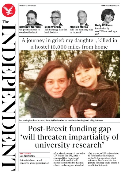 The Independent Newspaper Front Page for 29 August 2016