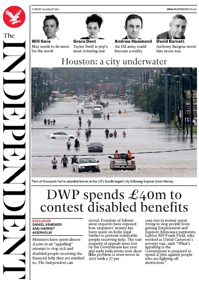 The Independent Newspaper Front Page for 29 August 2017