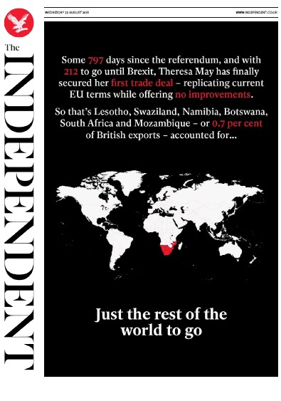 The Independent Newspaper Front Page for 29 August 2018