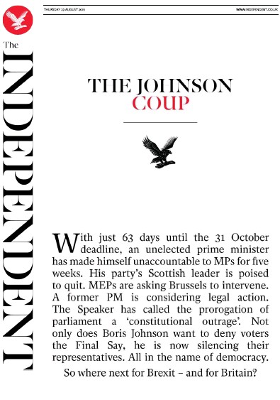 The Independent Newspaper Front Page for 29 August 2019