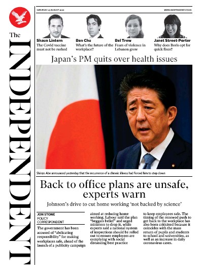 The Independent Newspaper Front Page for 29 August 2020