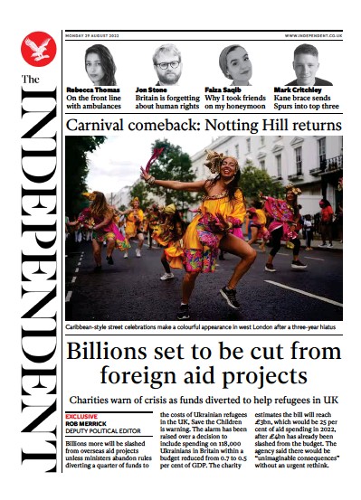 The Independent (UK) Newspaper Front Page for 29 August 2022