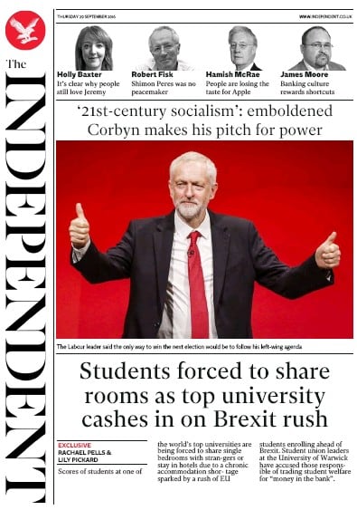 The Independent Newspaper Front Page for 29 September 2016
