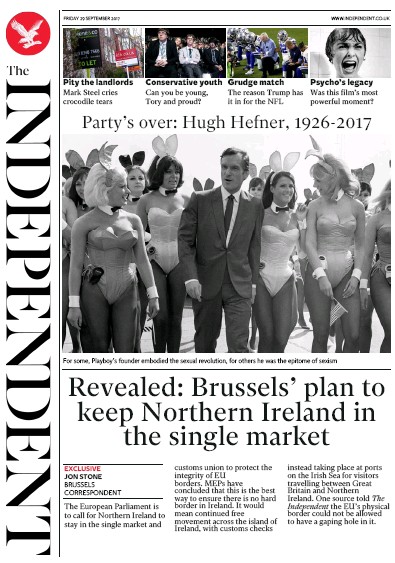 The Independent (UK) Newspaper Front Page for 29 September 2017