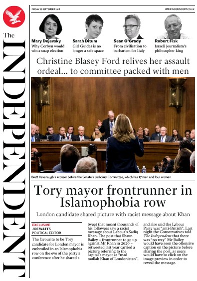 The Independent Newspaper Front Page for 29 September 2018