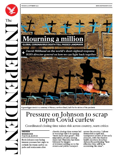 The Independent Newspaper Front Page for 29 September 2020
