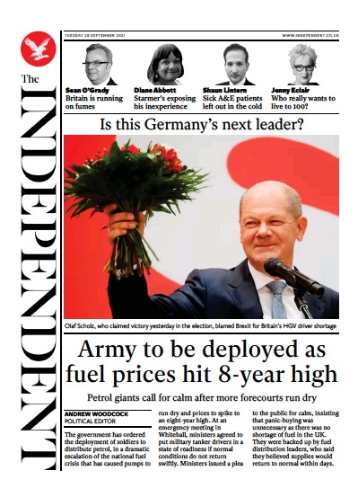 The Independent (UK) Newspaper Front Page for 29 September 2021