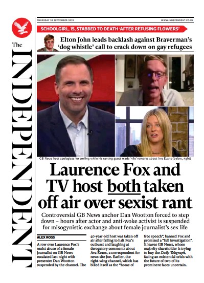 The Independent Newspaper Front Page for 29 September 2023