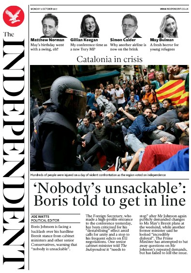 The Independent Newspaper Front Page for 2 October 2017