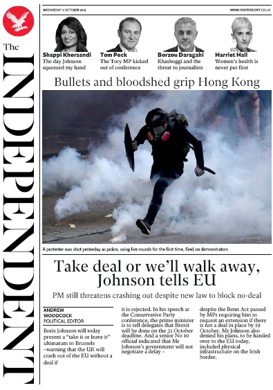 The Independent Newspaper Front Page for 2 October 2019