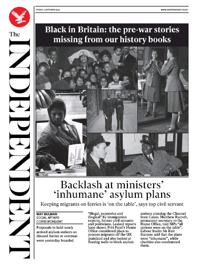 The Independent Newspaper Front Page for 2 October 2020