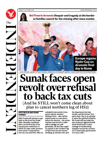The Independent (UK) Newspaper Front Page for 2 October 2023