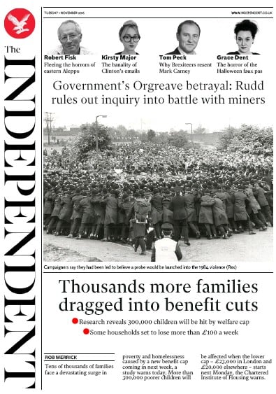 The Independent Newspaper Front Page for 2 November 2016