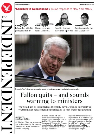 The Independent Newspaper Front Page for 2 November 2017