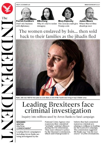 The Independent Newspaper Front Page for 2 November 2018