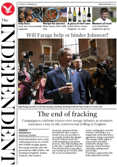 The Independent Newspaper Front Page for 2 November 2019