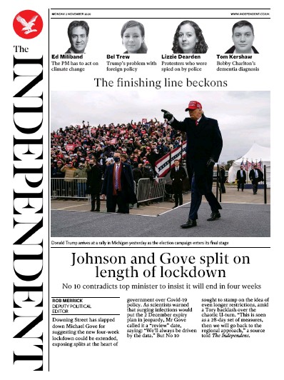 The Independent Newspaper Front Page for 2 November 2020