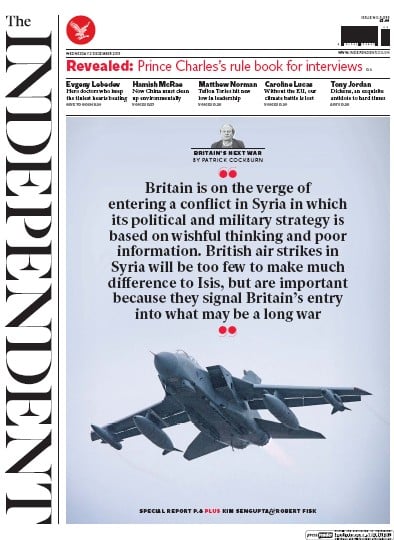 The Independent Newspaper Front Page for 2 December 2015
