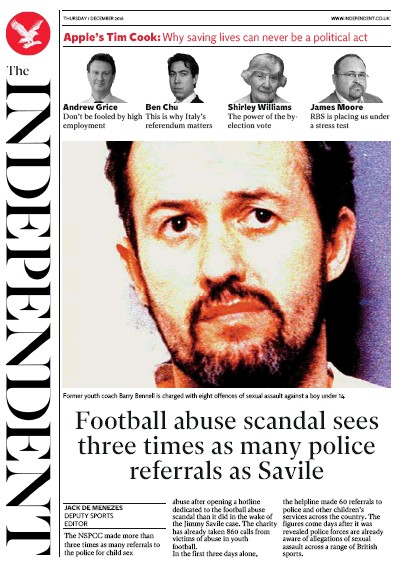 The Independent Newspaper Front Page for 2 December 2016
